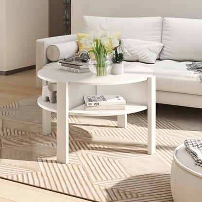 GIANTEX Round Coffee Table, Mid Century Modern Center Table (White) | 2-Tier Storage Shelves & 4 Side Compartments, Wood Coffee Table for Living Room, Small Spaces - color: White