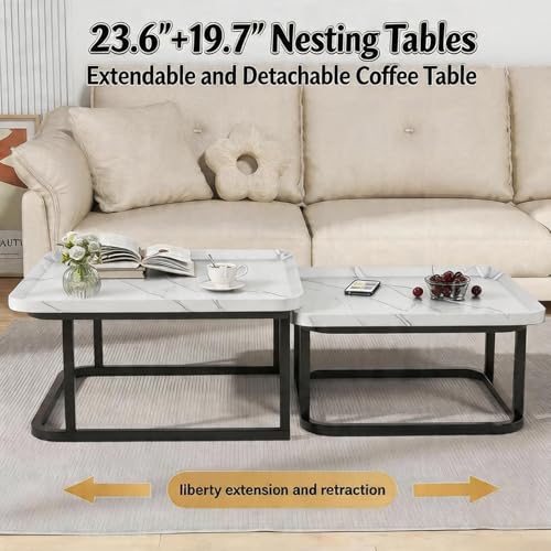 Nesting Coffee Table Set of 2 – Square Small Coffee Tables for Living Room, Bedroom, Balcony, Versatile End Table Set,Space Saving Mid Century Modern Nesting Coffee Tables Stackable, - color: White