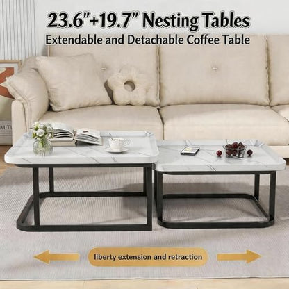Nesting Coffee Table Set of 2 – Square Small Coffee Tables for Living Room, Bedroom, Balcony, Versatile End Table Set,Space Saving Mid Century Modern Nesting Coffee Tables Stackable, - color: White