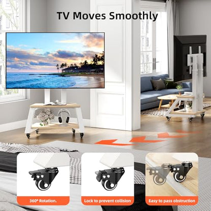 Mobile TV Stand Rolling TV Cart with Wheels for Most 32-86 Inch TV | TV Stand with Double Wooden Shelf, Height Adjustable Heavy-Duty Holds up to 180lbs,Max VESA 600 * 450mm - color: White