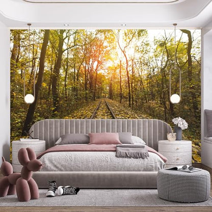 Custom Size Wall Murals， Autumn Forest Train Tracks，SelfAdhesive Removable Peel and Stick Wallpaper， for Living Room，Bedroom，Shop，Office，Kids