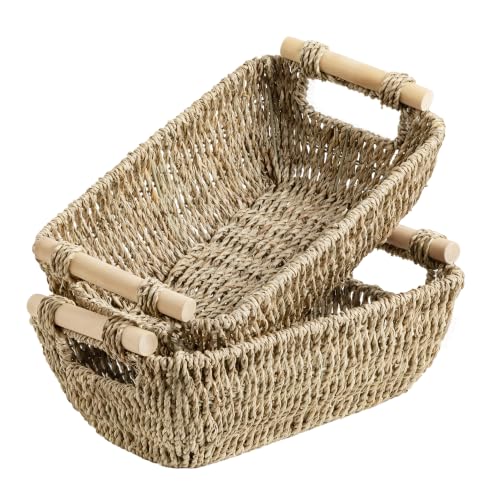 StorageWorks Small Baskets for Shelf, Seagrass Woven Basket for Gifts | Wicker Storage Baskets for Shelves, Baskets with Wooden Handles, 2-Pack Gifts Basket for Home Decor, Hand-Woven Basket - color: Natural(Seagrass), size: Small