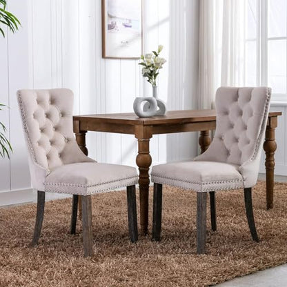 Virabit Velvet Dining Chairs, Tufted Upholstered Dining Chairs with Nailhead Back and Ring Pull Trim, Solid Wood Dining Chairs for Kitchen/Bedroom/Dining Room (Beige, Set of 6) - color: Beige, size: set of 6