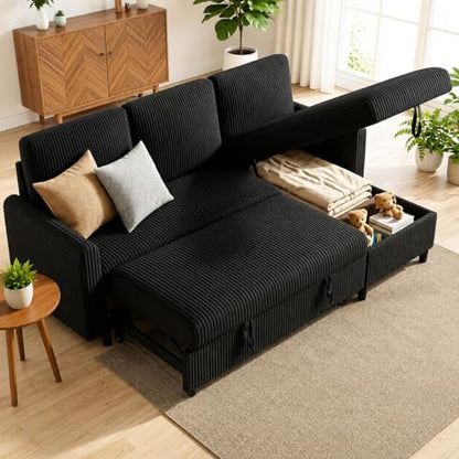 77" Pull Out Sleeper Sofa Bed with Storage Chaise, L-Shaped Corduroy Sectional Couch, 3-Seater Convertible Sofa Bed for Small Space, Apartment & Guest Room, Pet-Friendly & Easy Assembly, Black