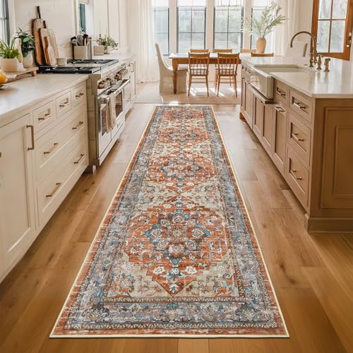 Bsmathom Runner Rug for Hallways Non Slip Washable Boho 2x8 Hallway Low Pile Throw Rugs Vintage Carpet Runners for Entry Way, Kitchen, Laundry Room, Bathroom - color: Brown Red, size: 2' x 8' (Runner)