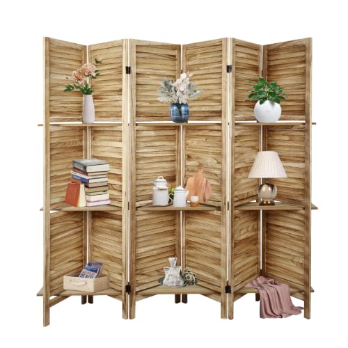 6 Panel Room Divider with Shelves | Freestanding Wooden Louvered Privacy Screen, Built‑in Display Shelves, Foldable Hinges, Natural - color: Natural-6 Panel, size: 6 Panel