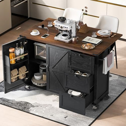 Kitchen Island, Rolling Kitchen Cart with Power Outlet | Built-in power outlet, 2 AC outlets and 2 USB ports, easy charging for coffee maker, juicer, toaster, or devices - color: Black + Particle Board+mdf