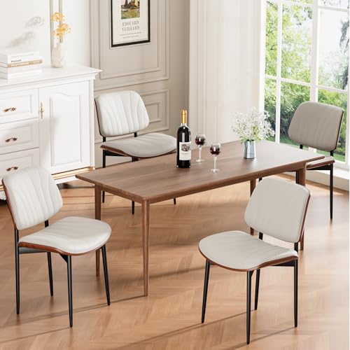 Dining Chairs Set of 2, Mid-Century Modern Upholstered PU Leather Chairs | with Walnut Bentwood Back and Metal Legs Adjustable Feet for Kitchen Dining Room, Off-White Shell Strips - color: Off-white Shell Strips