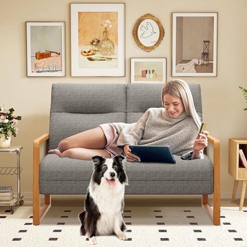 Alunaune Modern Loveseat Bench Couch with Natural Rattan Arm, Upholstered Linen Small Love Seat Sofa 2-Seats Living Room Couch Settee, Comfy Lounge Recliner Chair-Taupe - color: Taupe