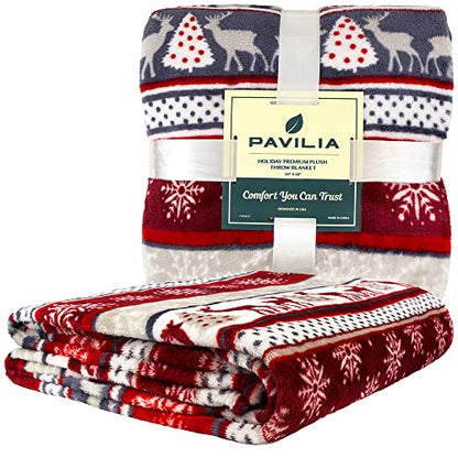 Pavilia Holiday Reindeer Snowflakes Fleece Throw Blanket | Soft, Plush, Warm Winter Cabin Throw, 50x60, Red - color: Holiday - Reindeer, size: 50 x 60 Inches - Throw
