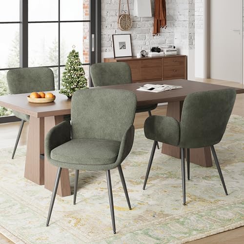 VKNOW Modern Upholstered Dining Chairs Set of 4 with Armrest, Green | Armed Dining Room Chairs with Metal Legs, Kitchen Chairs for Restaurant Kitchen Living Room - color: Green, size: Set of 4