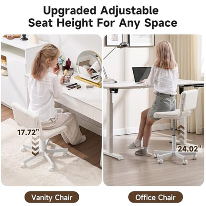 Office Chair Vanity Chair with Wheels | Comfy Desk Chair with Back | Cute Teddy Armless Adjustable Swivel Chair | Small Vanity Stool | for Bedroom Home Computer Task | White - color: White