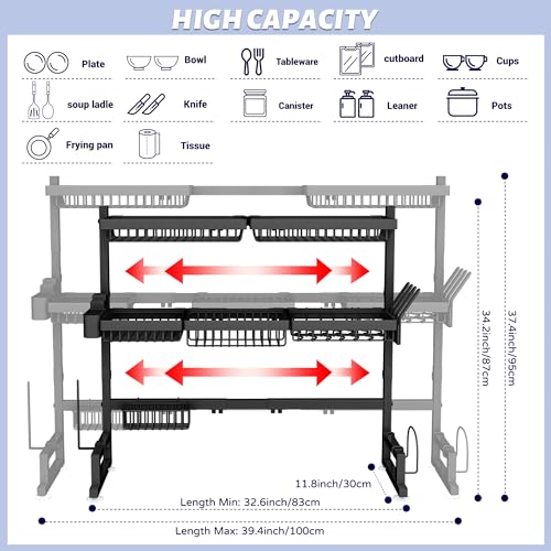 ADBIU Over The Sink Dish Drying Rack (Expandable Height and Length) Snap-On Design 2 Tier Large Dish Rack 31-39.4L x 12W x 34-38H inches - color: Black, size: 31 - 39.4L x 12W x 34 - 38H (inches)