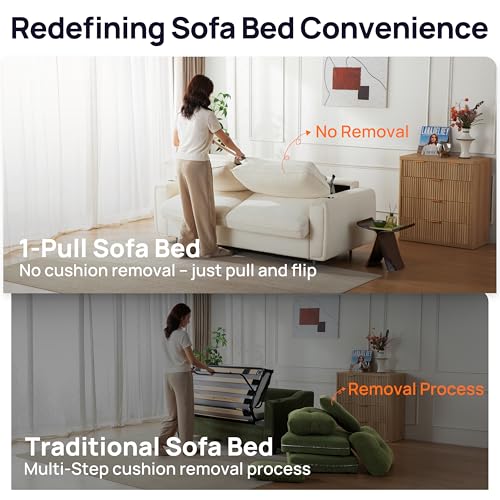 Pull Out Sofa Bed, No Cushion Removal, Queen Sleeper Sofa with USB Fast Charging, Memory Form Mattress, 2-in-1 Convertible Comfy Loveseat Couch Bed for RV, Apartment, and Small Spaces (White)