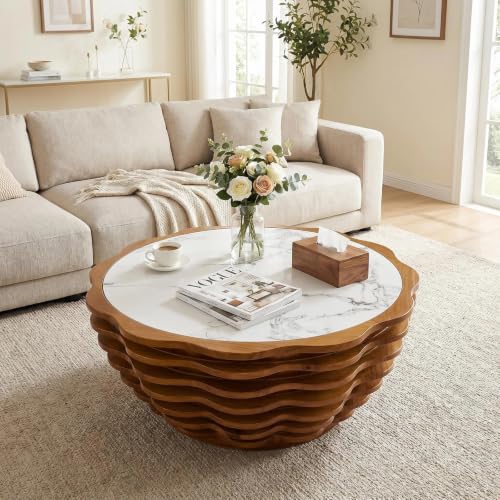 32.1" Flower-Shaped Coffee Table with Marble Top, Cafe Table | Round Center Table, Modern Stone Tea Table, Unique Marble Patterns, for Living Room, No Need Assembled - color: 32.1" Flower-shaped Coffee Table