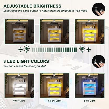 HNEBC LED Nightstand Set of 2 with Charging Station & Adjustable Overbed Desk, 3 Color LED Lights & Body Sensor, Mobile Bedside Table with Wheels, 2 Drawers & Open Shelf for Bedroom(White) - color: 9603-2-white