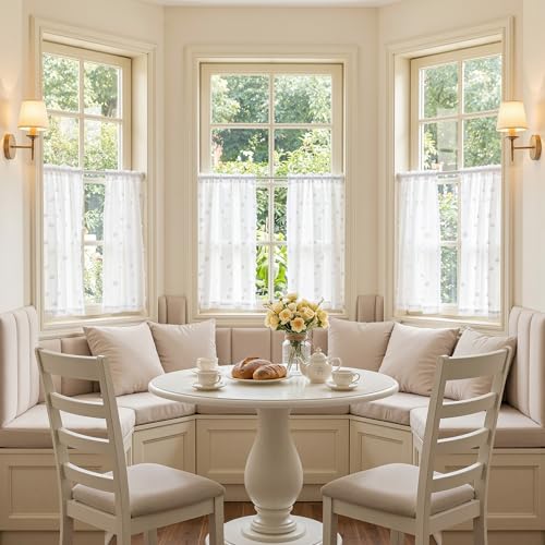 MYSKY HOME White Sheer Kitchen Curtains Over Sink 24 inch Length,2 Panels | Light Filtering Semi Sheer with Pom Pom,Short Tier Half Curtains for Cafe Small Window Decor, Rod Pocket,26Wx24L - color: 1-white, size: 26"W x 24"L (Pack of 2)