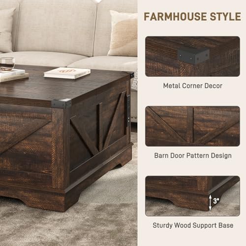 Hlivelood 40” Large Farmhouse Lift Top Coffee Table with Power Outlets and Large Hidden Storage, Square Wood Living Room Tables, Multi-Function Lift Wooden Barn Door Center Table, Brown - color: Brown