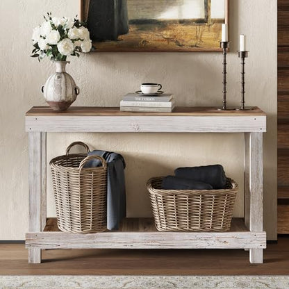 SMARTSTANDARD 46" Long Farmhouse Console Table, Solid Wood, Classic White | Console Sofa Table, Entryway Table for Hallway, Living Room, Entrance, 2 Tiers, Easy Assembly - color: Classic White, size: 46 Inch