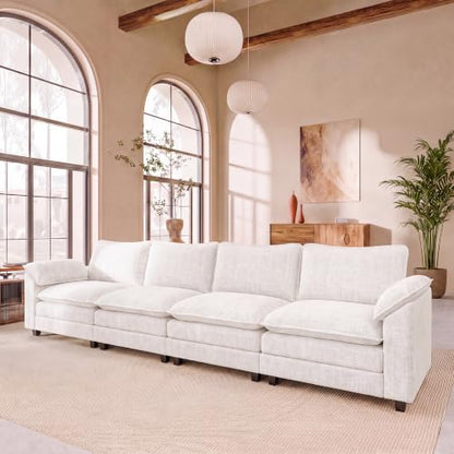 JUMMICO 159" Sectional Couch, Modular Cloud Sofa, White | Comfy Chenille, 4 Deep Seats, High-Density Foam, Double Layer Cushions, Oversized Linear Sofa for Living Room and Apartment - color: White, size: Linear Sofa
