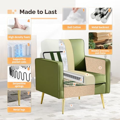 VINGLI Modern Accent Chair, Upholstered Faux Leather PU Armchair with Thick Cushion & Metal Legs, Comfortable Reading Chair for Living Room, Bedroom, Office, Green