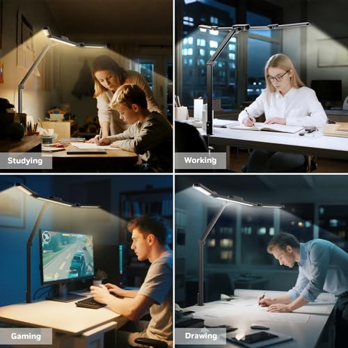 Honeywell Wide Desk Lamp with Clamp for Dual Monitors, 22W Full-Spectrum Eye-Caring LED Desk Lamp for Home Office, 3-Section Adjustable Architect Light for Large Desk, Stepless Dimming, 3000K-5700K