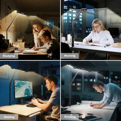 Honeywell Wide Desk Lamp with Clamp for Dual Monitors, 22W Full-Spectrum Eye-Caring LED Desk Lamp for Home Office, 3-Section Adjustable Architect Light for Large Desk, Stepless Dimming, 3000K-5700K
