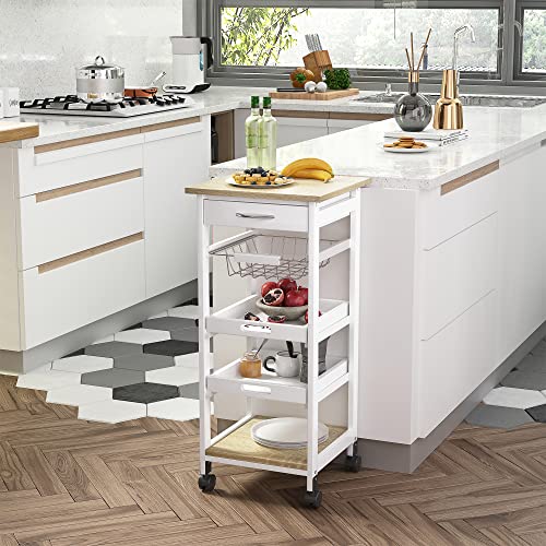 HOMCOM Mobile Kitchen Cart with Storage Solid Wood Frame Utility Cart White | Rolling Kitchen Island, Wire Fruit Baskets, Trays, Drawer - color: White