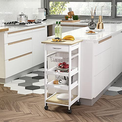 HOMCOM Mobile Kitchen Cart with Storage Solid Wood Frame Utility Cart White | Rolling Kitchen Island, Wire Fruit Baskets, Trays, Drawer - color: White