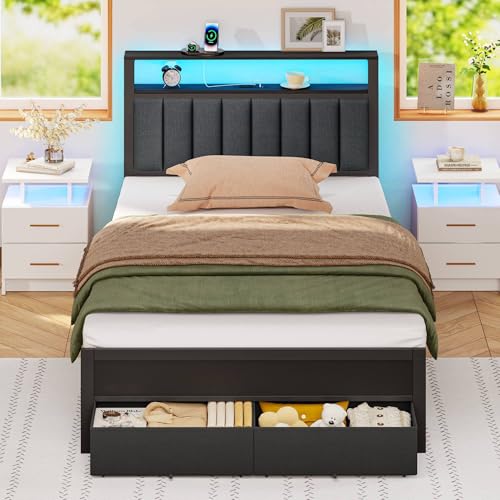 Twin Bed Frames with Storage Drawers and Upholstered Headboard | Metal Platform Bed with Charging Station, LED Lights, 2 Tier Shelves, Fabric Drawers. No Box Spring Needed, Noise Free, Grey - size: Twin