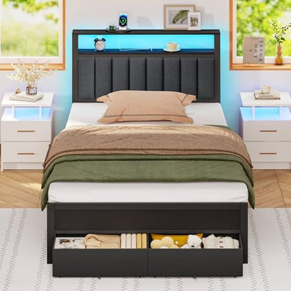 Twin Bed Frames with Storage Drawers and Upholstered Headboard | Metal Platform Bed with Charging Station, LED Lights, 2 Tier Shelves, Fabric Drawers. No Box Spring Needed, Noise Free, Grey - size: Twin