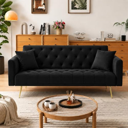 Anwick 72''Modern Velvet Sofa Bed Futon,Convertible Folding Sleeper Couches with 3 Adjustable Backrests,Tufted Recliner Loveseat with Golden Chrome Legs for Living Room Apartment Office (Black) - color: Black