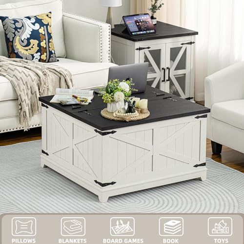 Joaxswe Farmhouse Coffee Table with Hidden Storage Compartment, Antique Black & White Square Large Center Table for Living Room, Wood Rustic Wide Coffee Tables with Hinged Lifting Tabletop for Home - color: White, style: With Legs