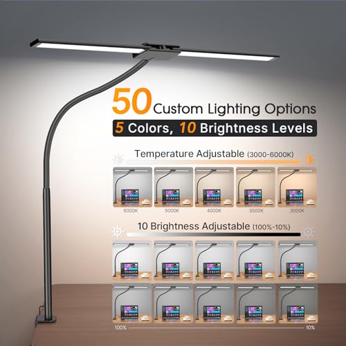 Syrinx LED Desk Lamp for Home Office, 18W 2000LM Dual Head Architect Lamp | Wide-Area Eye-Caring Lighting, Adjustable Gooseneck, Gesture & Wired Control, Memory & Timer, 50 Modes for Study & Crafting - color: Black