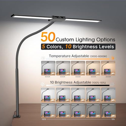 Syrinx LED Desk Lamp for Home Office, 18W 2000LM Dual Head Architect Lamp | Wide-Area Eye-Caring Lighting, Adjustable Gooseneck, Gesture & Wired Control, Memory & Timer, 50 Modes for Study & Crafting - color: Black