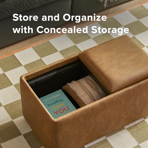 mopio Levi Storage Bench with Reversible Tray, Modern Storage Coffee Table, Bedroom Bench, Rectangular Cube Upholstered Coffee Table Ottoman for Living Room, Bedroom (Faux Leather, Pecan Brown) - color: Brown Pu Leather, Rect.