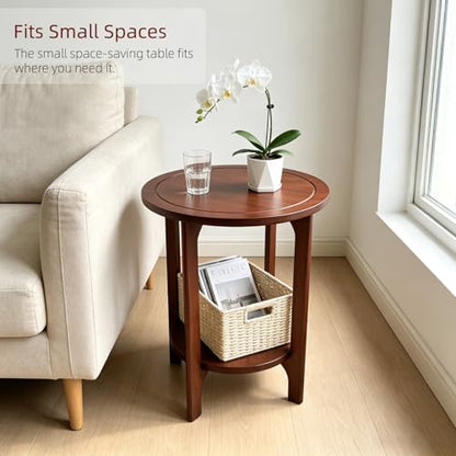 Solid Wood Round Side Table for Living Room, Bedroom | 2-Tier Wooden End Tables, Mid Century Modern Circular Nightstand Bedside Table, Easy Assembly (Walnut) - color: Walnut
