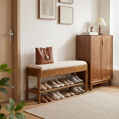 YEPDIN 2 Tier Shoe Rack Bench with Flip-Top Storage,39.3" Solid Wood Shoe Rack Bench with Chenille Cushion,for Entryway, Hallway,Living Room, Bedroom, Closet - color: Light