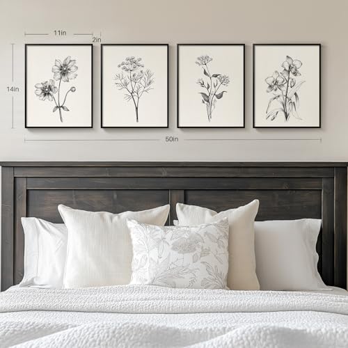 Framed Black and White Floral Wall Art for Bedroom, 4 Piece 11x14 In | Modern farmhouse wall decor, Minimalist flower pictures, Botanical canvas Prints, Living room kitchen bathroom wall decor - color: Sketch - Black Framed, size: 11" W x 14" H x 4 pcs