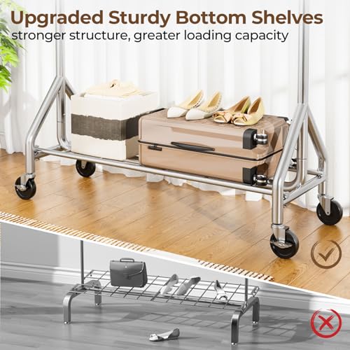 HYSEYY Heavy Duty Clothes Rack Load 450 LBS, Metal Garment Rack, Standing Rolling Clothing Rack for Hanging Clothes with Sturdy Wheels & Shelves, Portable Closet Wardrobe Rack,Sliver - color: Sliver