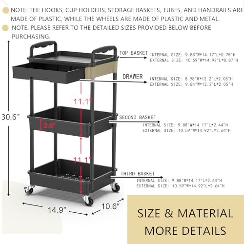 Goovilla 3 Tier Rolling Utility Cart Organizer with Removable Drawer, Black | Stable and Sturdy Rolling Storage Carts with 2 Lockable Wheels for Bathroom, Kitchen, Snack, Craft, Makeup, Baby Essentials - size: 3 Tier, style: Black