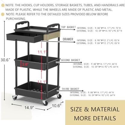 Goovilla 3 Tier Rolling Utility Cart Organizer with Removable Drawer, Black | Stable and Sturdy Rolling Storage Carts with 2 Lockable Wheels for Bathroom, Kitchen, Snack, Craft, Makeup, Baby Essentials - size: 3 Tier, style: Black