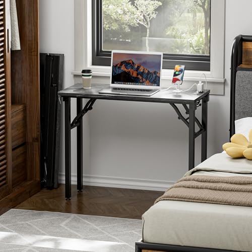 TEMI Small Computer Desk Folding Table - No Assembly, Compact 35.8" Foldable Desk with Power Outlets & USB Charging Port, Portable Small Office Desk, Ideal Mini Study Table, Marble Greige - color: Marble Greige, size: 35.8 Inch, style: With Power Outlets