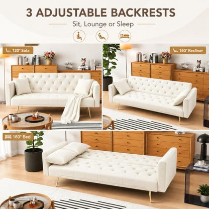 Anwick 72''Modern Velvet Sofa Bed Futon,Convertible Folding Sleeper Couches with 3 Adjustable Backrests,Tufted Recliner Loveseat with Golden Chrome Legs for Living Room Apartment Office (Beige) - color: Beige