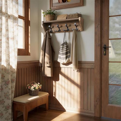 SKOLOO Wall Shelf with Hooks, 24-Inch, Weathered Brown | Coat Rack Wall Mount with Shelf, Heavy Duty, 4 Tri Hooks, Perfect for Entryway, Hallway, Living Room, Bedroom, Mudroom - color: Weathered Brown, size: 24 inch with 4 hooks