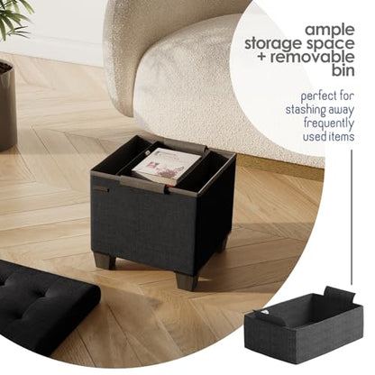 Storage Ottoman Cube with Small Bin, 15-in Square Ottoman with Storage for Living Room and Bedroom, Small Ottomans Foot Rest, Fabric Foot Stools Ottomans Max 330lbs, Black - color: 04 - Black