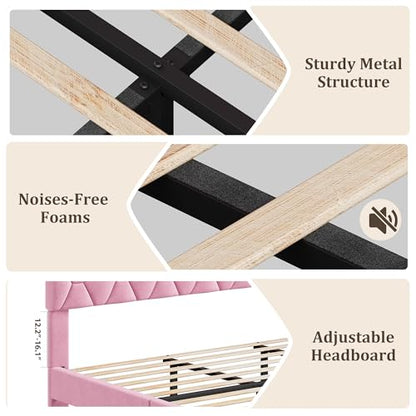 GAOMON Bed Frame with Upholstered Headboard, Heavy-Duty Platform Bed Frame with Strong Wood Slats, No Box Spring Needed/Noise Free/Easy Assembly,King,Pink | Heavy-Duty Bed Frame with Wooden Slats Support Upholstered Mattress Foundation No Box Spring Neede