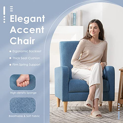 COLAMY Mid-Century Modern Accent Chair, Fabric Upholstered Living Room Chair with Back Pillow & Solid Wood Legs, Comfy Armchair for Living Room, Bedroom, Single Sofa, Blue - color: Blue, size: Set of 1
