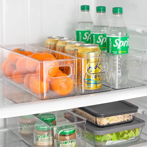 Plastic Food Storage 4 Pack Clear Container Bin with Handles for Organizing Kitchen, Pantry, Refrigerator, Freezer, Pantry, Cabinet, Closet, Bathroom. 14”x4”x4” - size: 14x4x4