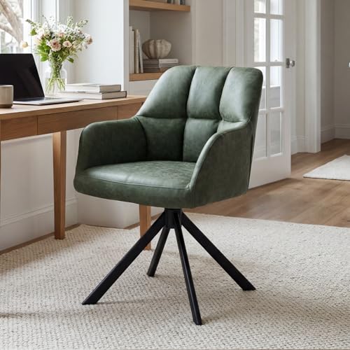 EALSON Comfy Leather Desk Chair Modern Computer Task Chair no Wheels Swivel Accent Chair with Mid Back Arm Chair for Living Room/Bedroom/Home Office, PU Green - color: Green